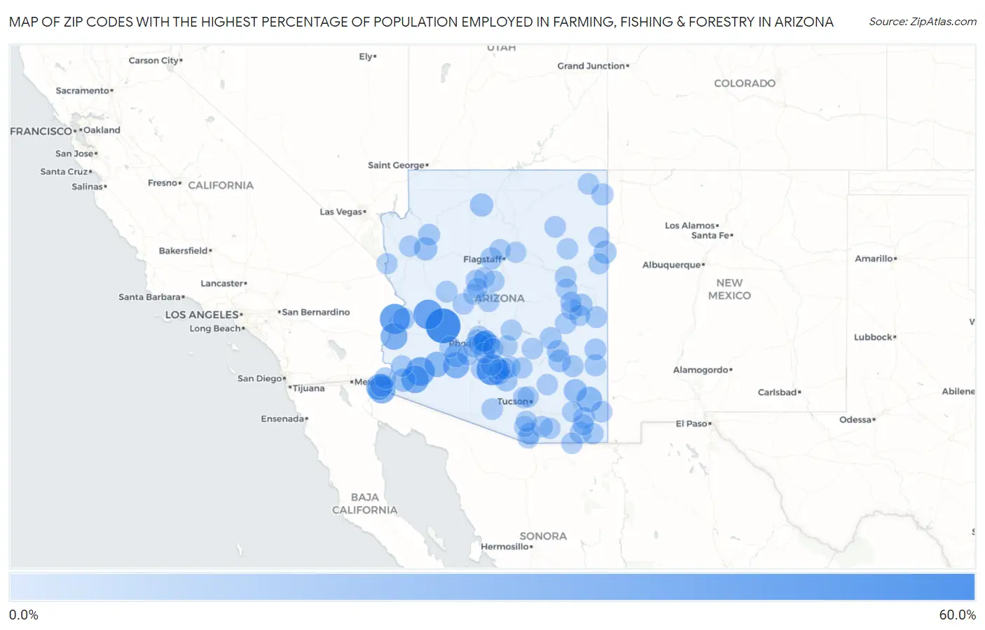 Zip Codes with the Highest Percentage of Population Employed in Farming, Fishing & Forestry in Arizona Map
