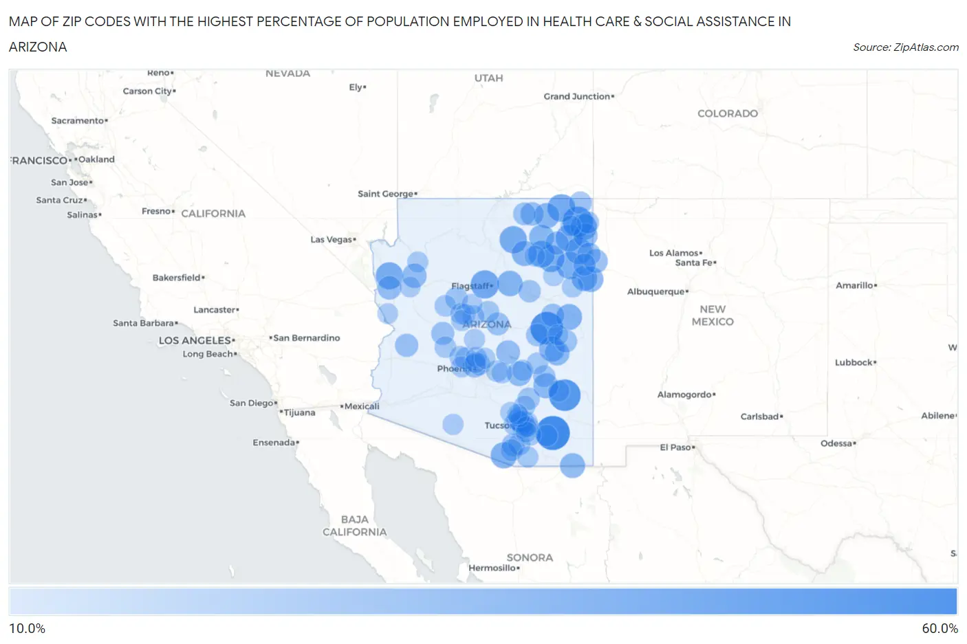 Zip Codes with the Highest Percentage of Population Employed in Health Care & Social Assistance in Arizona Map