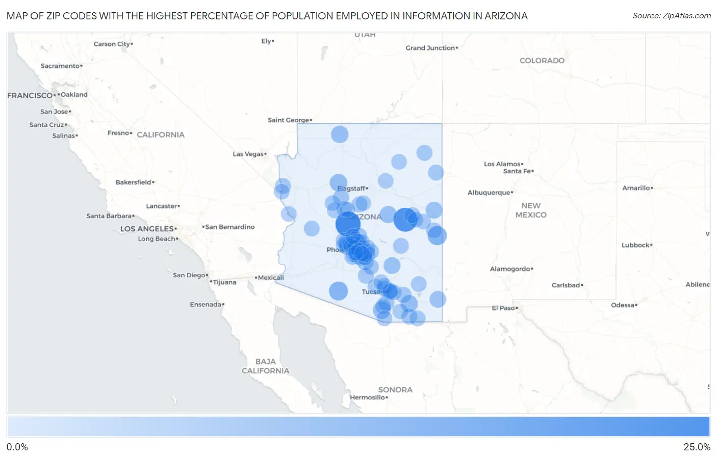 Zip Codes with the Highest Percentage of Population Employed in Information in Arizona Map