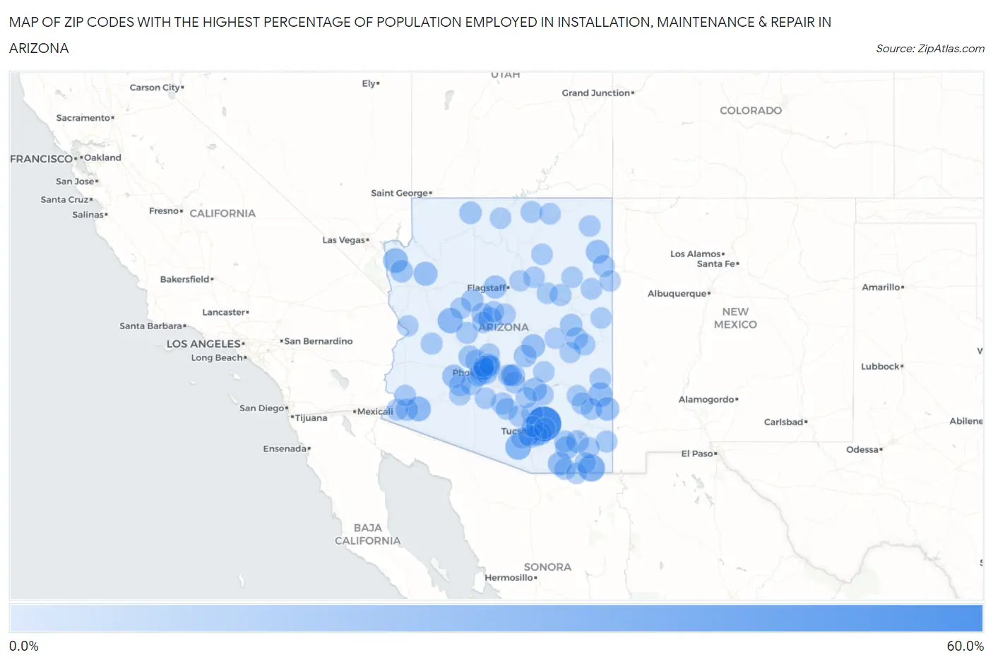 Zip Codes with the Highest Percentage of Population Employed in Installation, Maintenance & Repair in Arizona Map