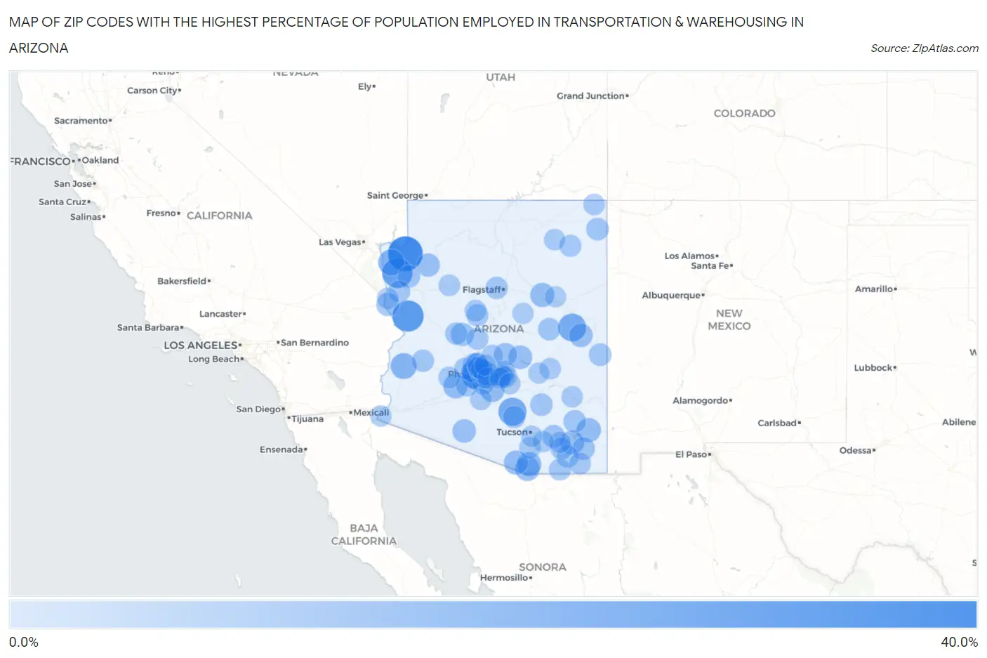 Zip Codes with the Highest Percentage of Population Employed in Transportation & Warehousing in Arizona Map