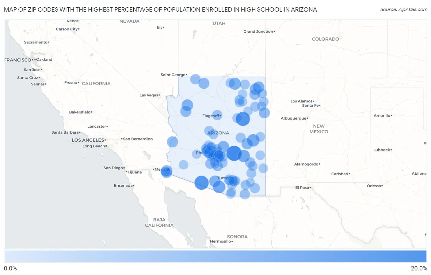 Zip Codes with the Highest Percentage of Population Enrolled in High School in Arizona Map