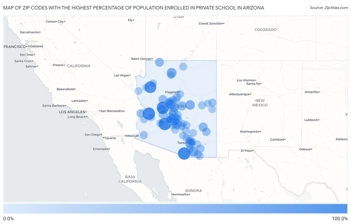 Zip Codes with the Highest Percentage of Population Enrolled in Private School in Arizona Map