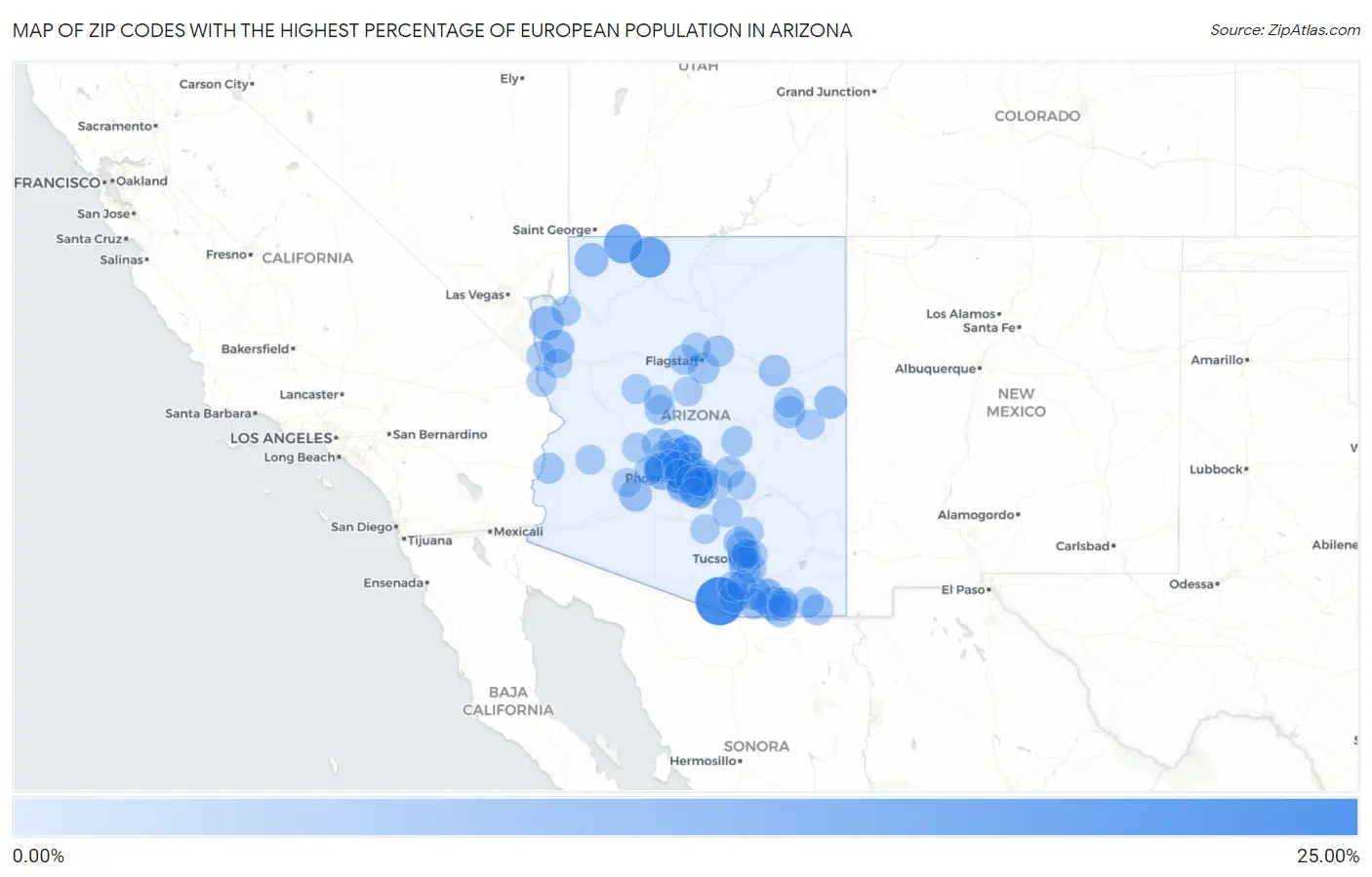 Zip Codes with the Highest Percentage of European Population in Arizona Map