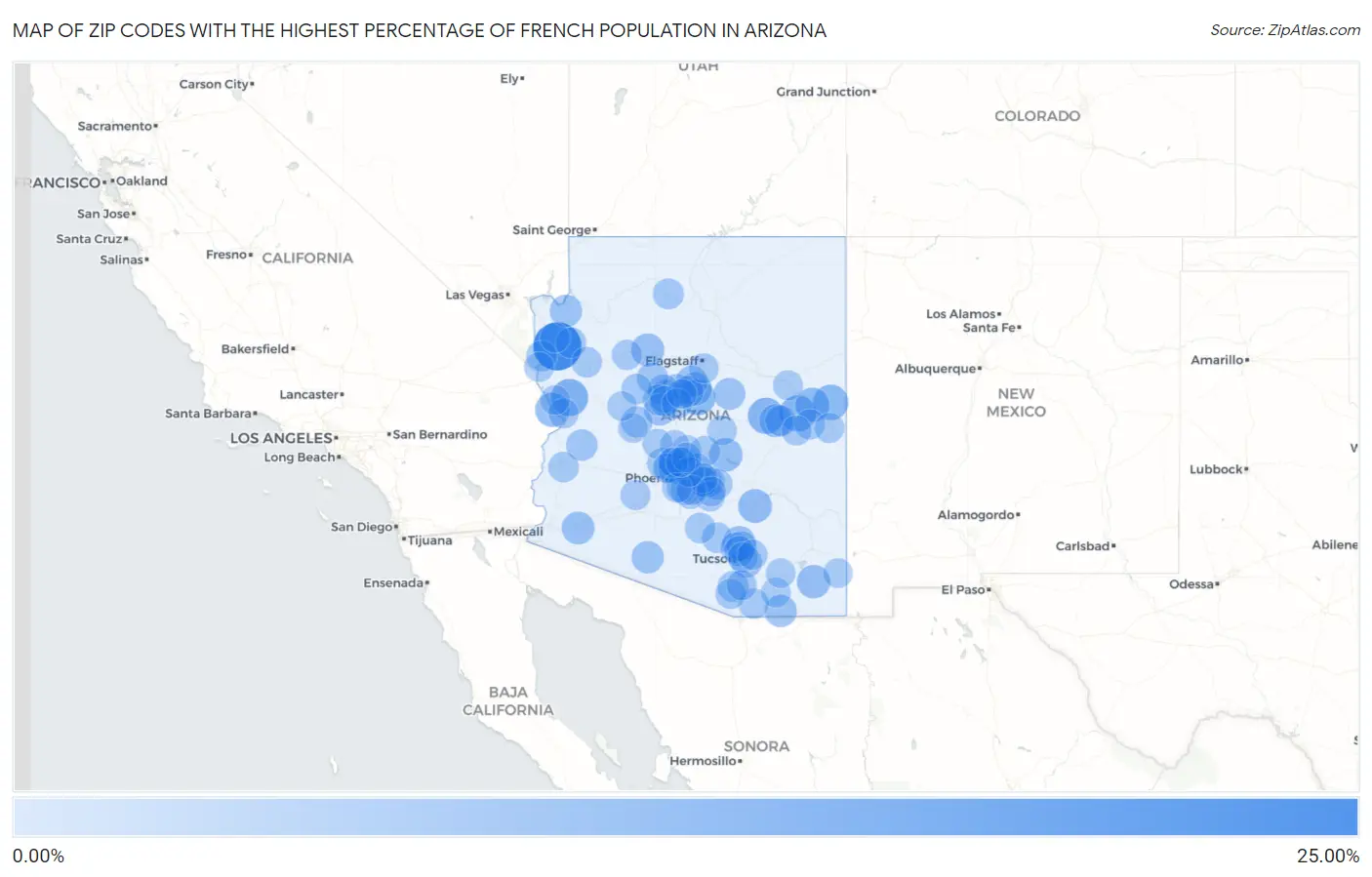 Zip Codes with the Highest Percentage of French Population in Arizona Map