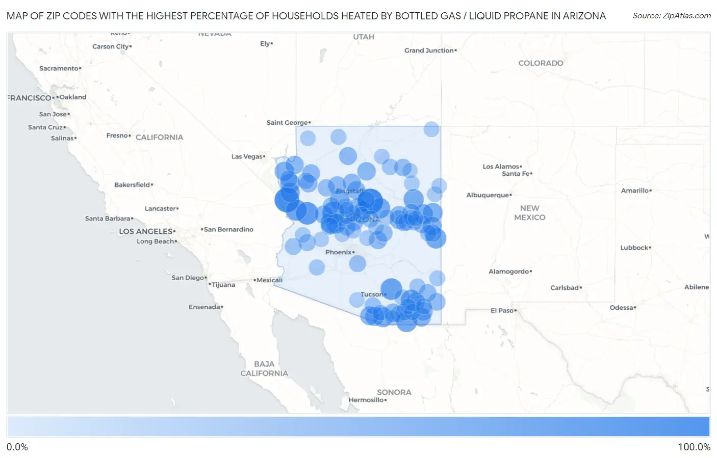 Zip Codes with the Highest Percentage of Households Heated by Bottled Gas / Liquid Propane in Arizona Map