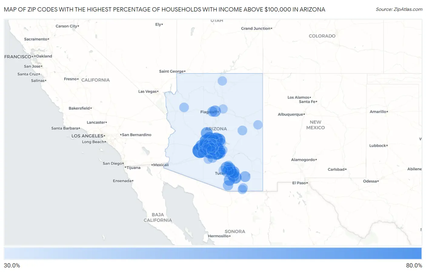 Zip Codes with the Highest Percentage of Households with Income Above $100,000 in Arizona Map