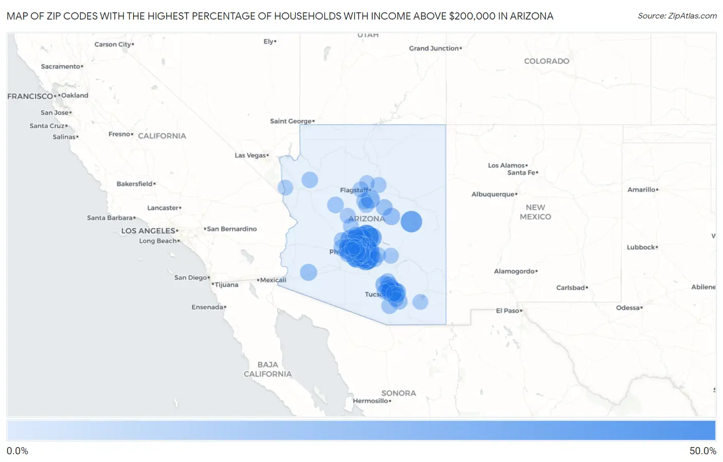 Zip Codes with the Highest Percentage of Households with Income Above $200,000 in Arizona Map