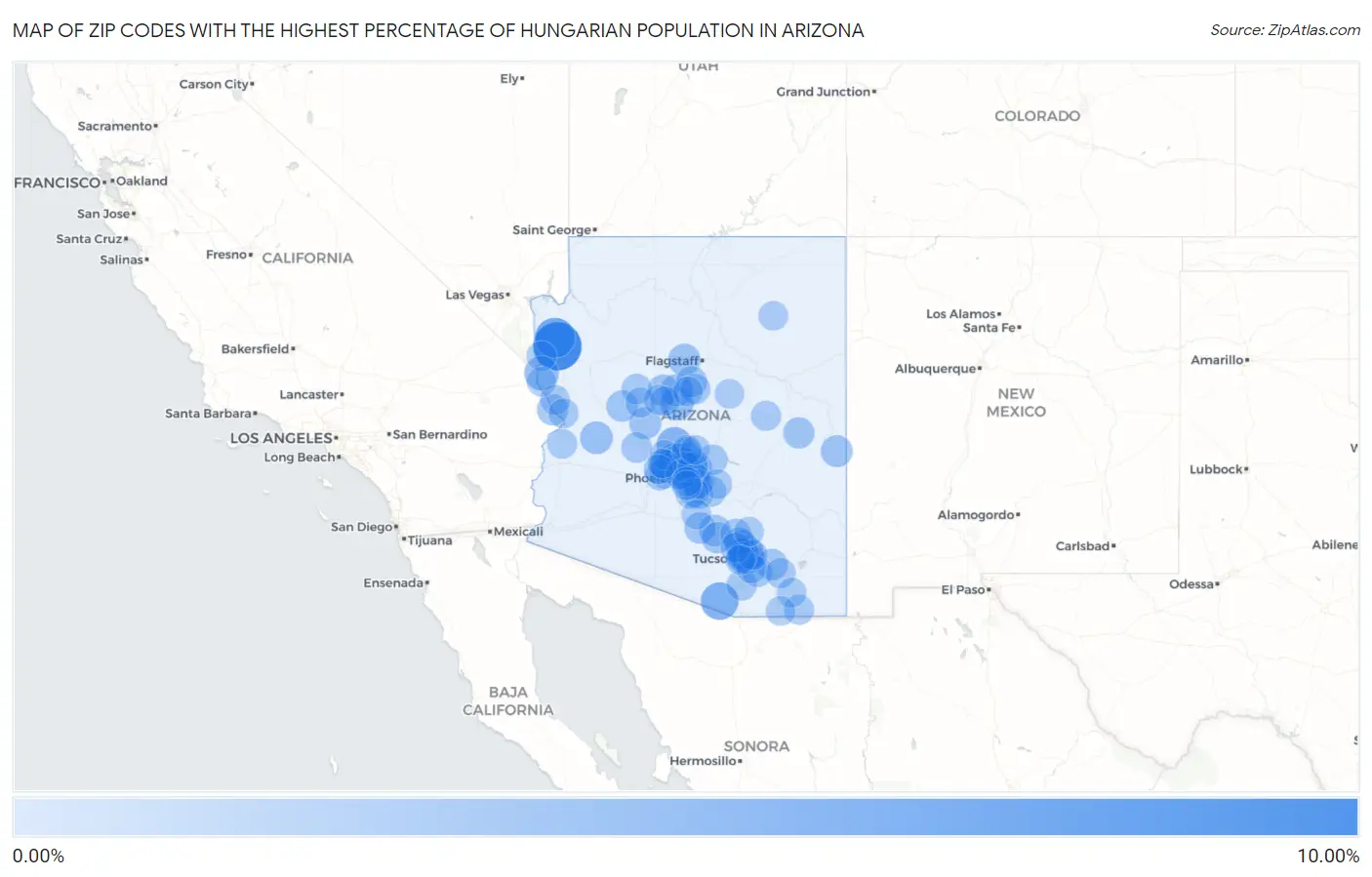 Zip Codes with the Highest Percentage of Hungarian Population in Arizona Map