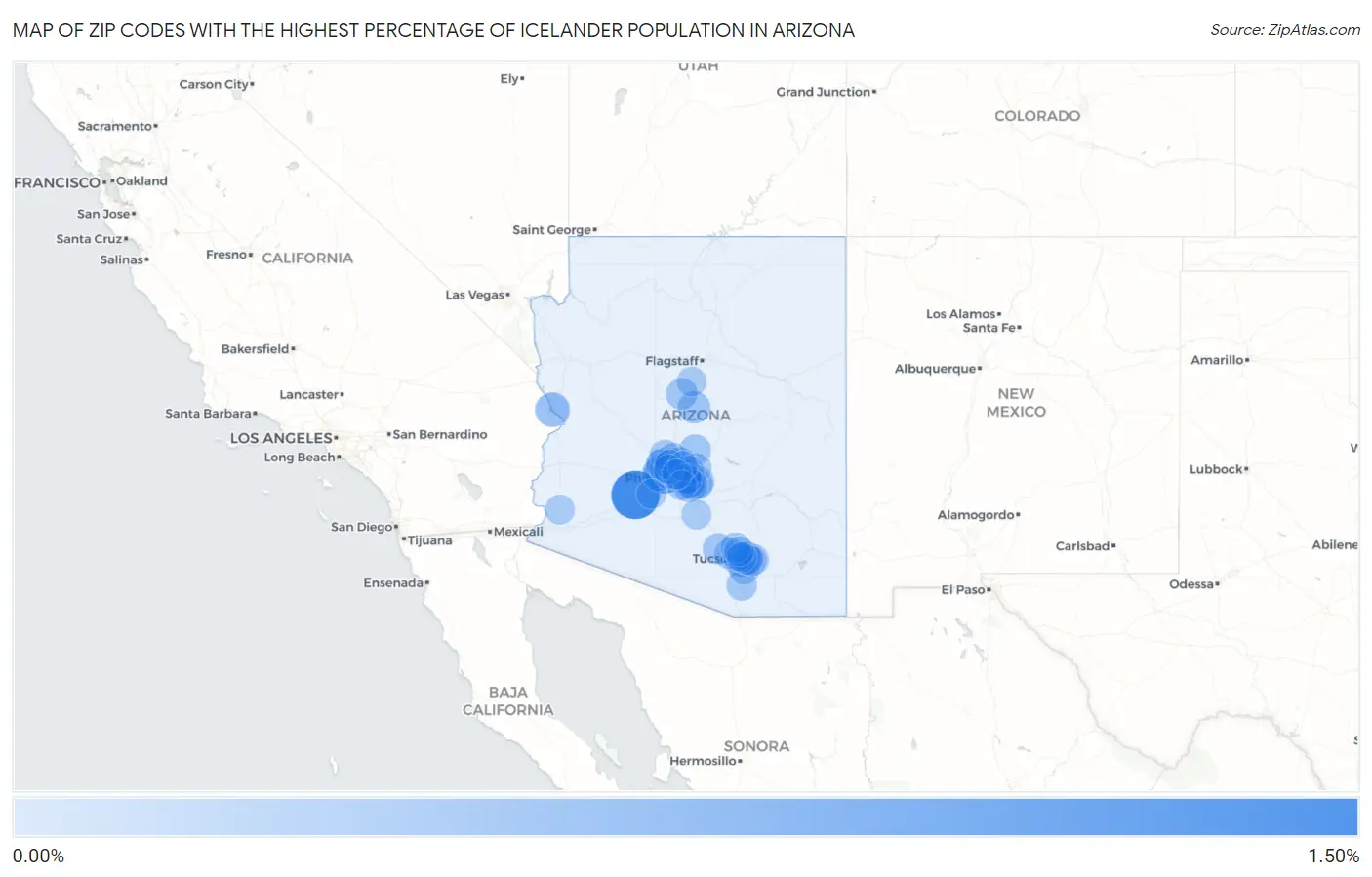 Zip Codes with the Highest Percentage of Icelander Population in Arizona Map