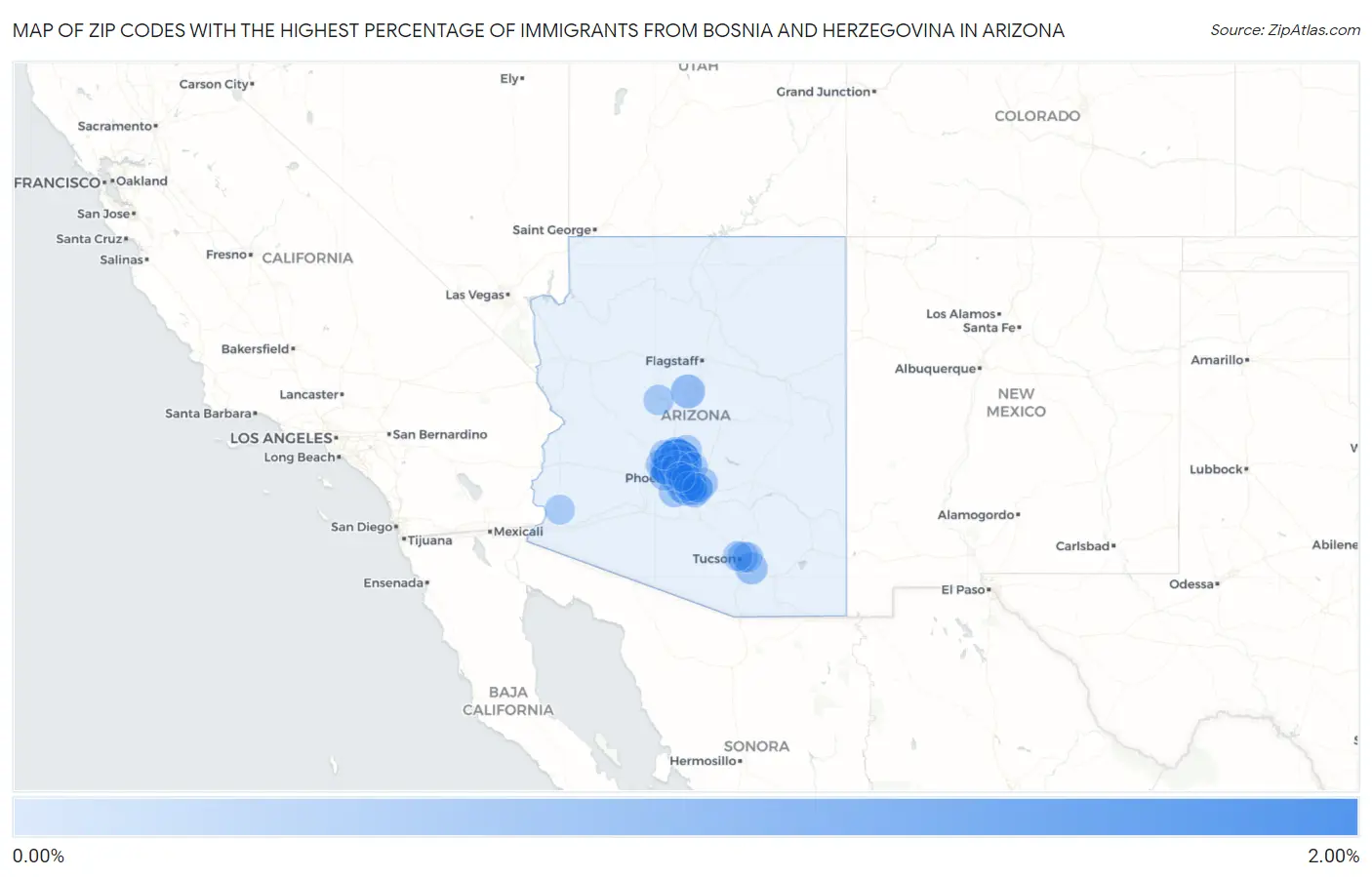 Zip Codes with the Highest Percentage of Immigrants from Bosnia and Herzegovina in Arizona Map