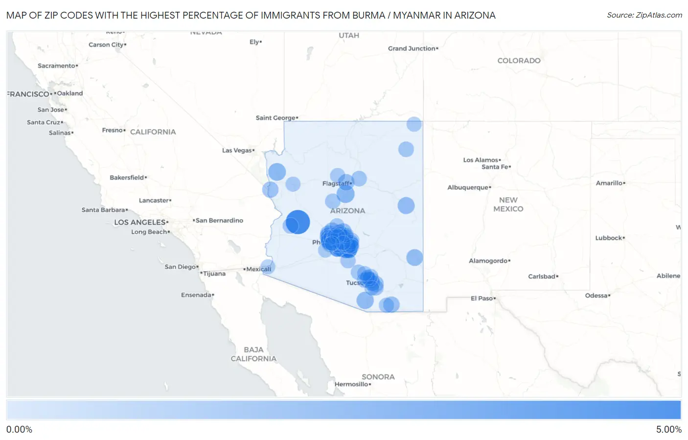 Zip Codes with the Highest Percentage of Immigrants from Burma / Myanmar in Arizona Map