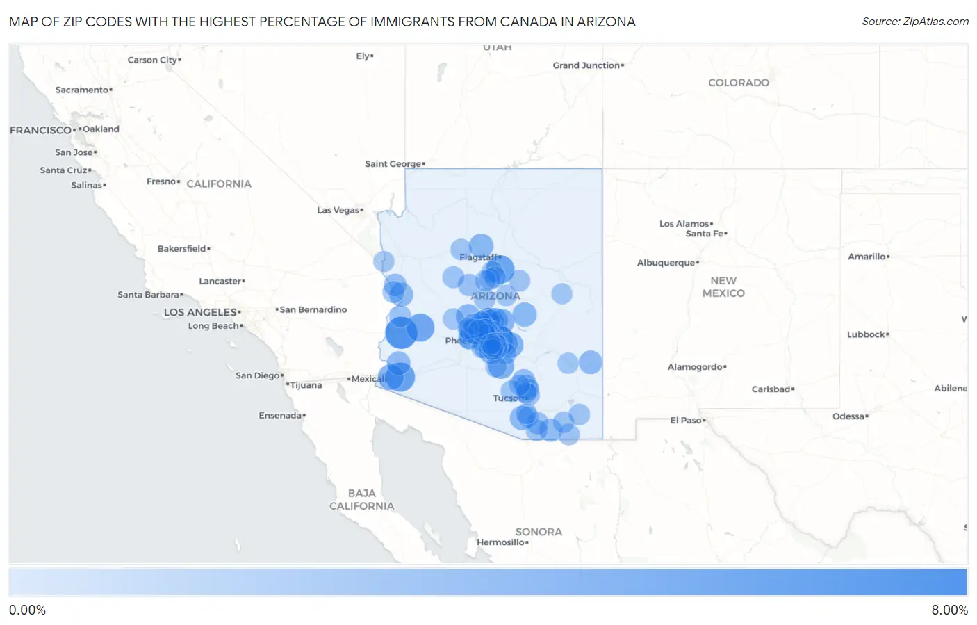 Zip Codes with the Highest Percentage of Immigrants from Canada in Arizona Map