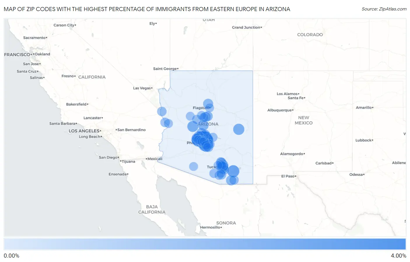 Zip Codes with the Highest Percentage of Immigrants from Eastern Europe in Arizona Map