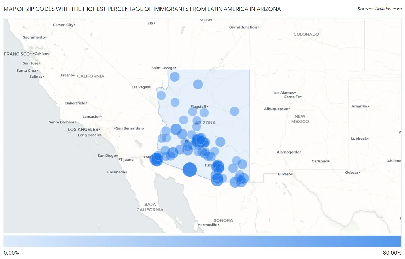 Zip Codes with the Highest Percentage of Immigrants from Latin America in Arizona Map