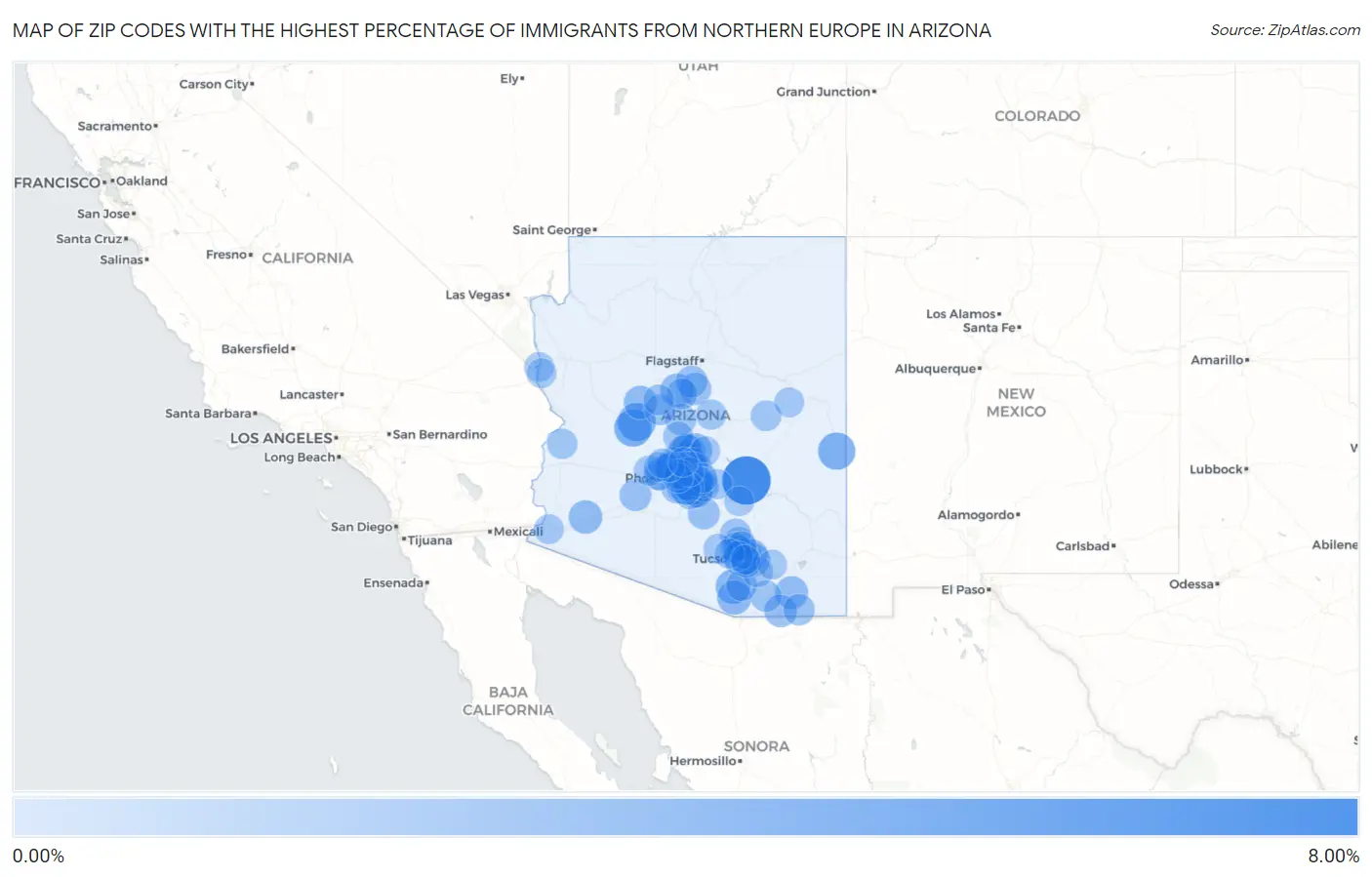 Zip Codes with the Highest Percentage of Immigrants from Northern Europe in Arizona Map
