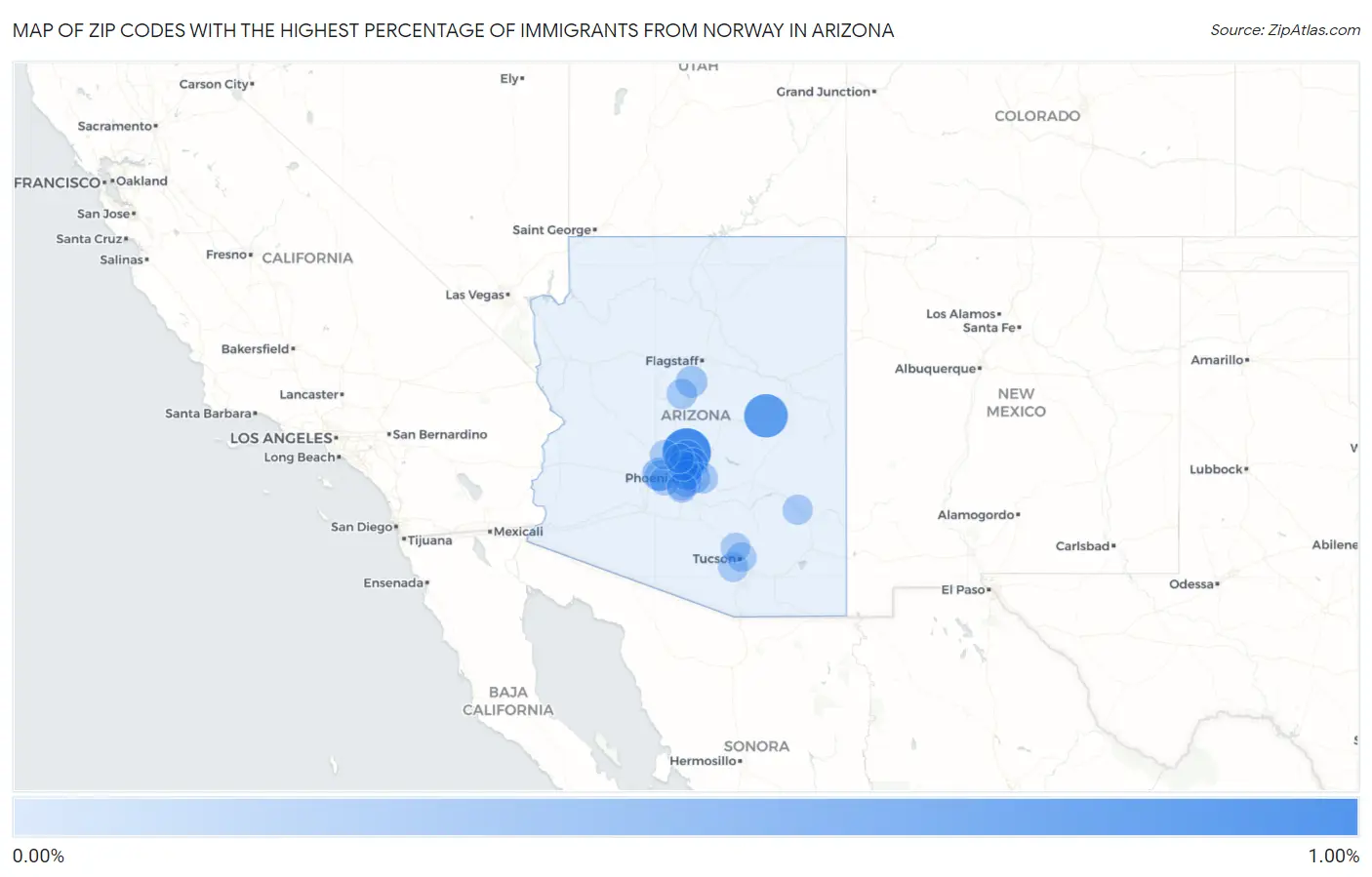 Zip Codes with the Highest Percentage of Immigrants from Norway in Arizona Map