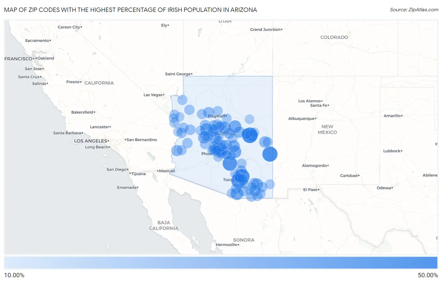 Zip Codes with the Highest Percentage of Irish Population in Arizona Map