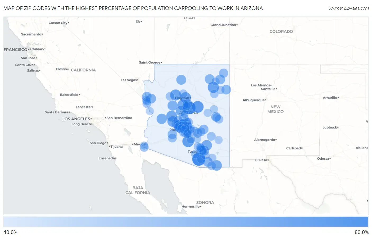 Zip Codes with the Highest Percentage of Population Carpooling to Work in Arizona Map