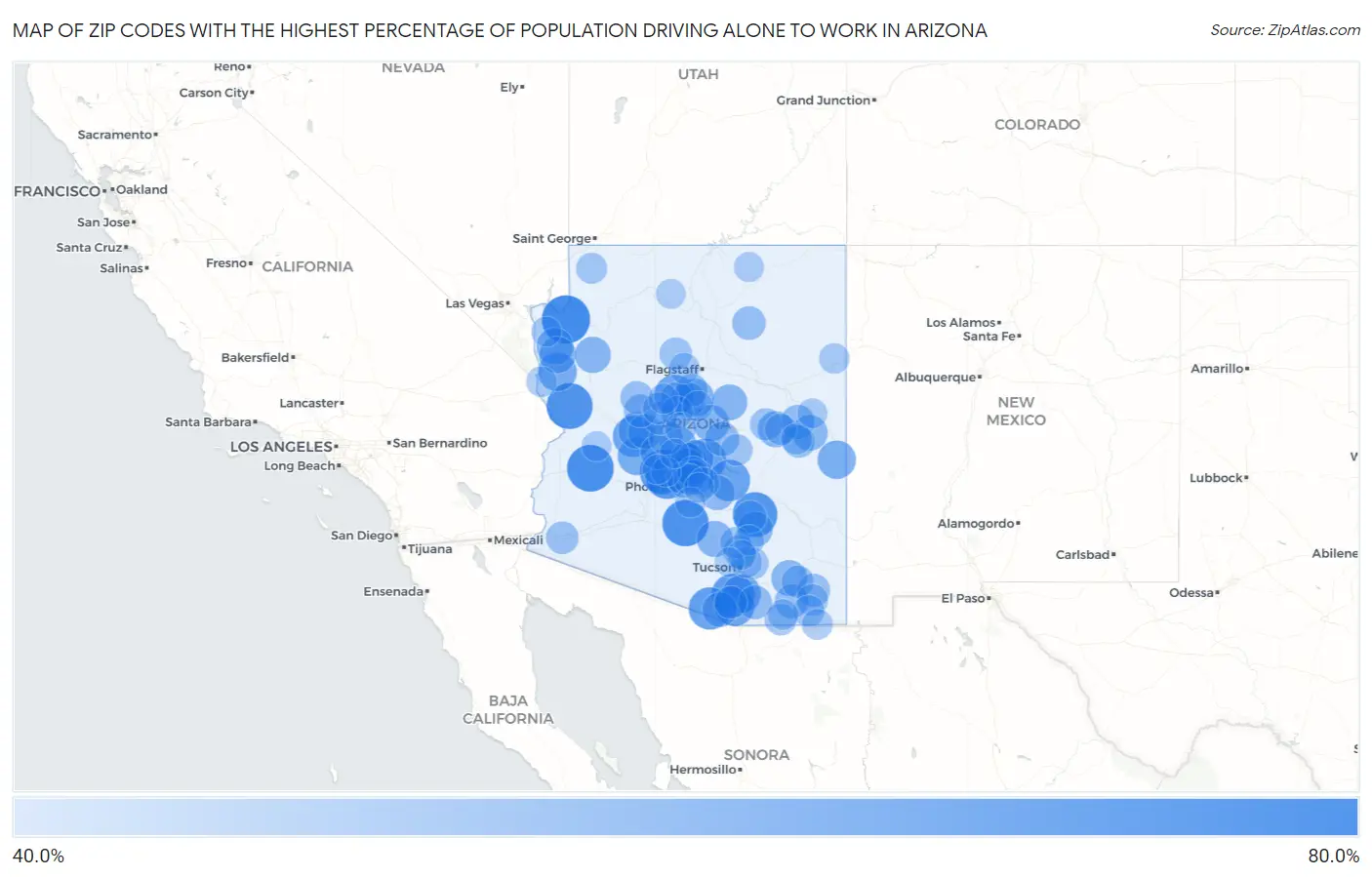 Zip Codes with the Highest Percentage of Population Driving Alone to Work in Arizona Map