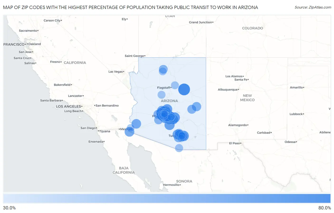 Zip Codes with the Highest Percentage of Population Taking Public Transit to Work in Arizona Map