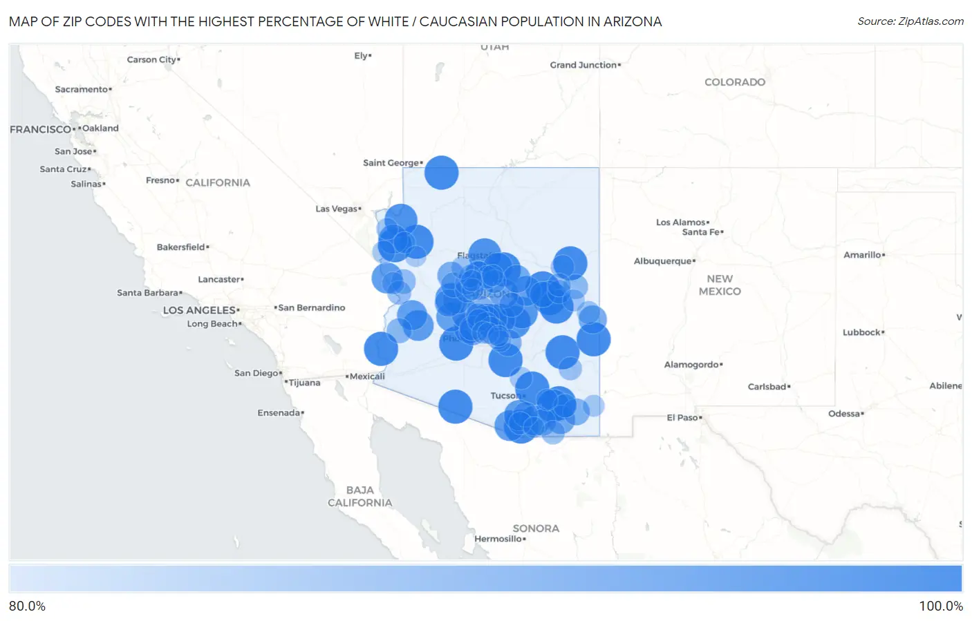 Zip Codes with the Highest Percentage of White / Caucasian Population in Arizona Map