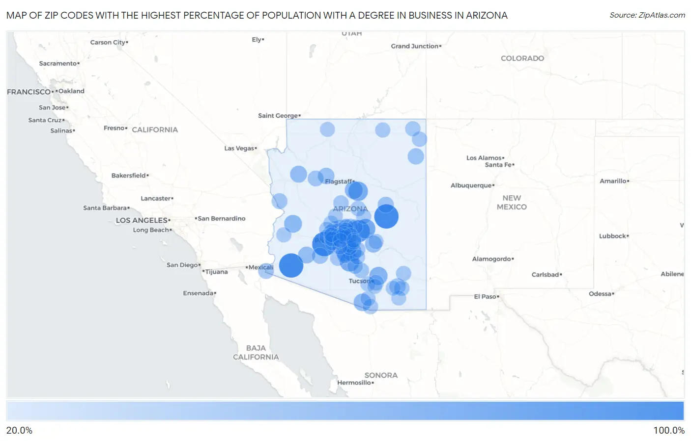 Zip Codes with the Highest Percentage of Population with a Degree in Business in Arizona Map