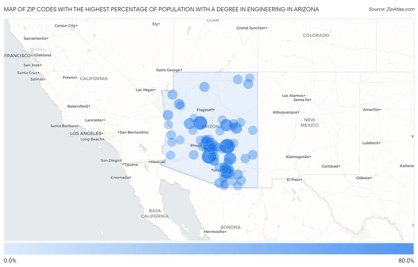 Zip Codes with the Highest Percentage of Population with a Degree in Engineering in Arizona Map