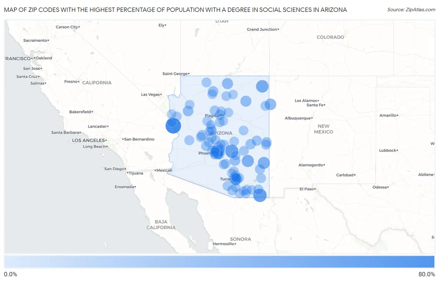 Zip Codes with the Highest Percentage of Population with a Degree in Social Sciences in Arizona Map