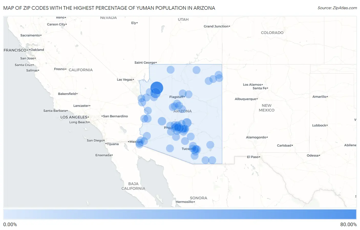 Zip Codes with the Highest Percentage of Yuman Population in Arizona Map