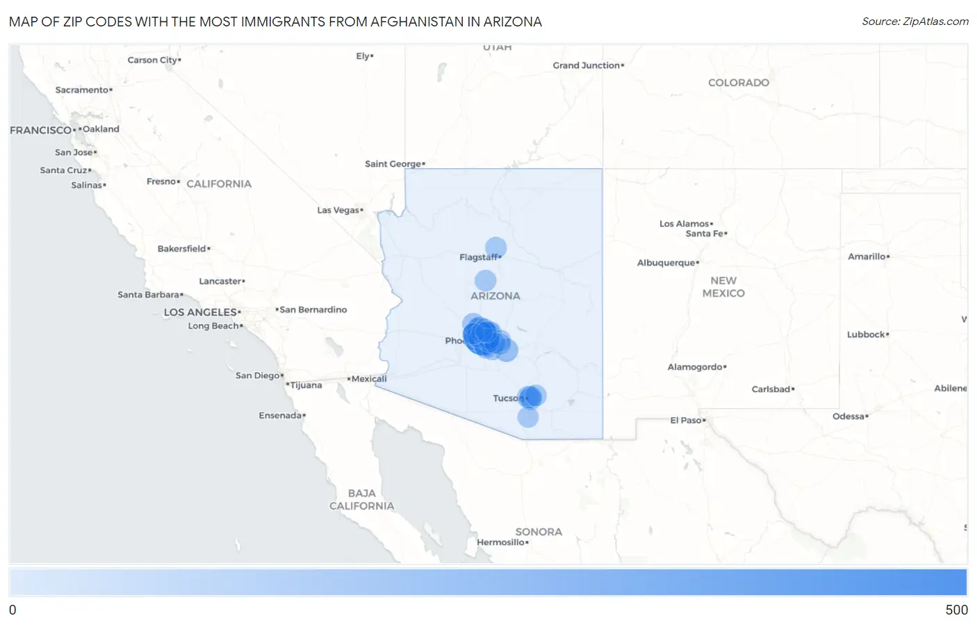 Zip Codes with the Most Immigrants from Afghanistan in Arizona Map