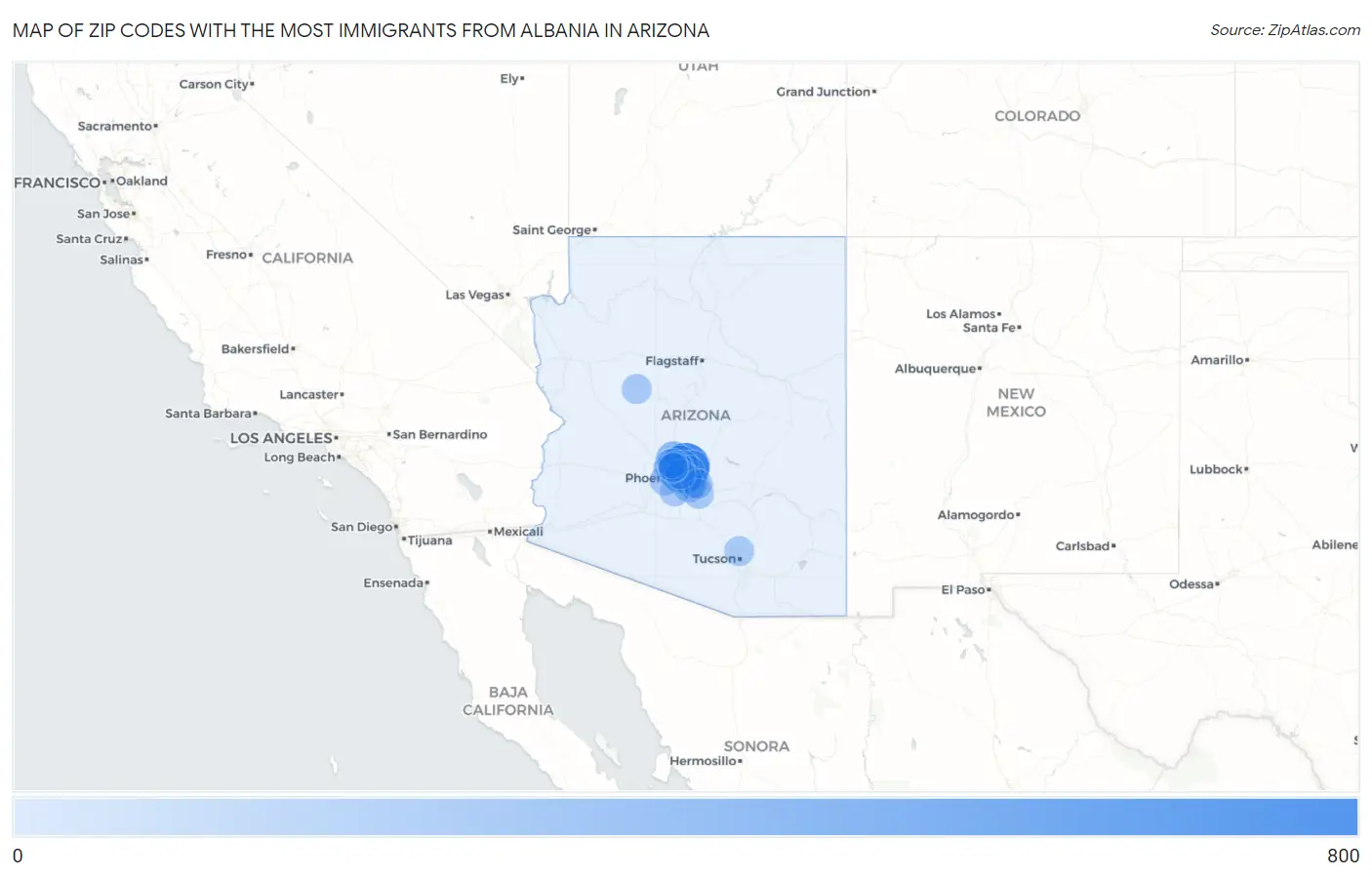 Zip Codes with the Most Immigrants from Albania in Arizona Map