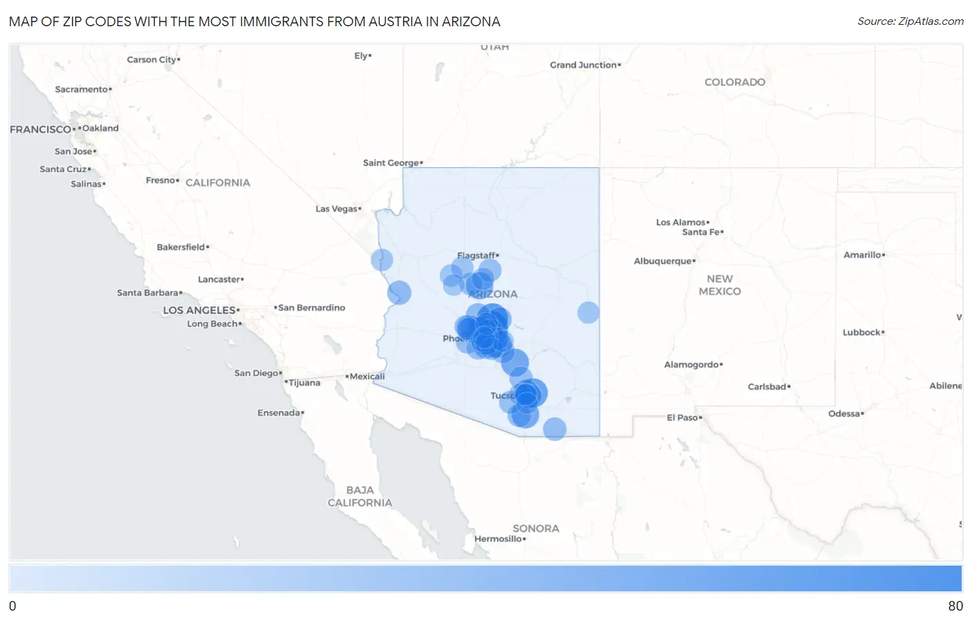 Zip Codes with the Most Immigrants from Austria in Arizona Map