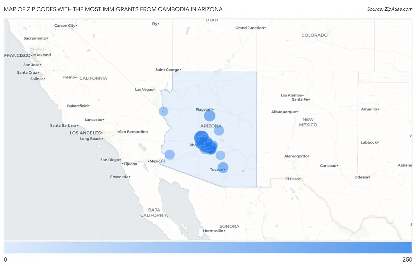 Zip Codes with the Most Immigrants from Cambodia in Arizona Map