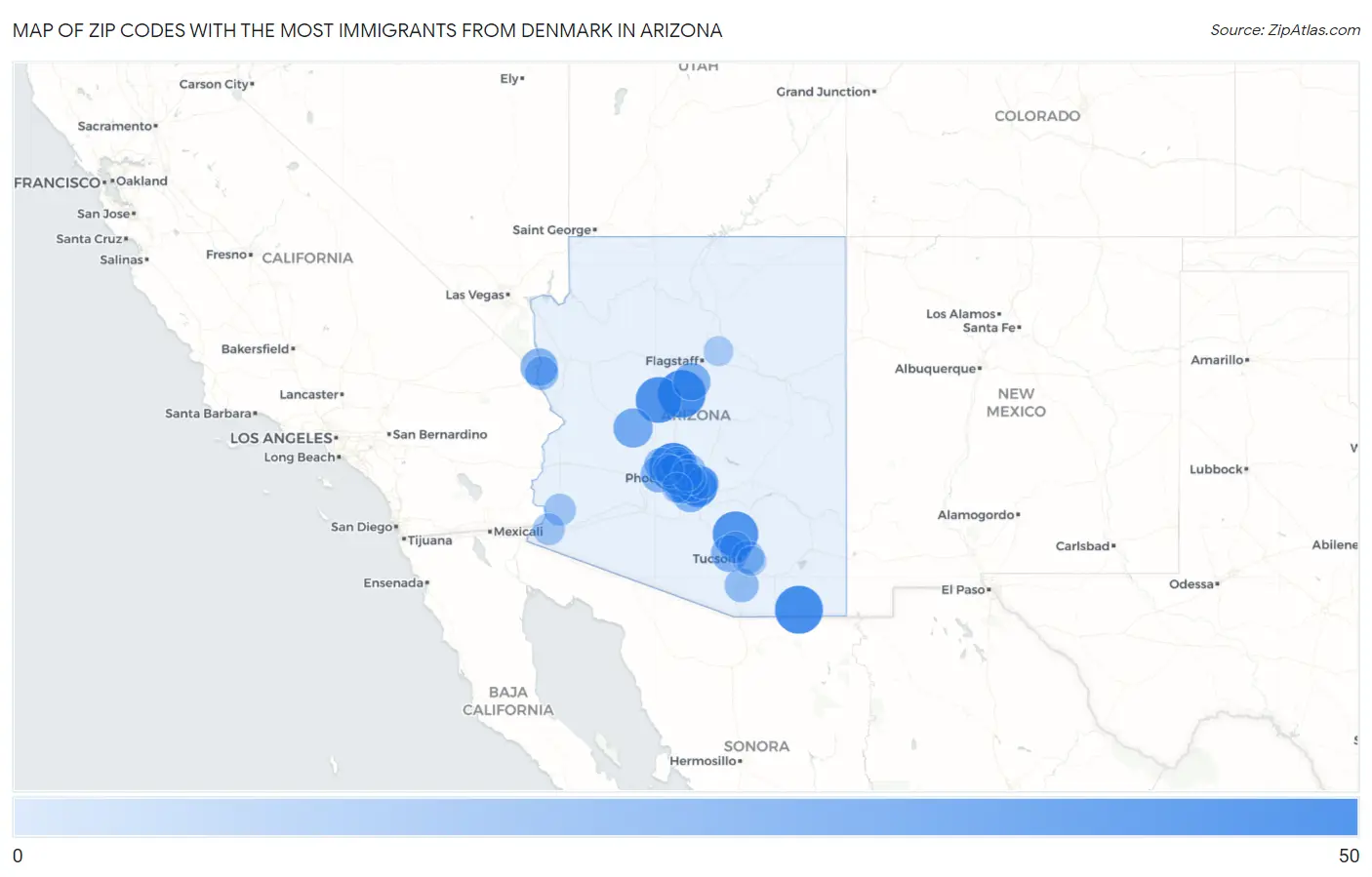 Zip Codes with the Most Immigrants from Denmark in Arizona Map