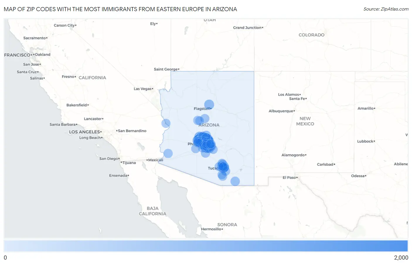 Zip Codes with the Most Immigrants from Eastern Europe in Arizona Map