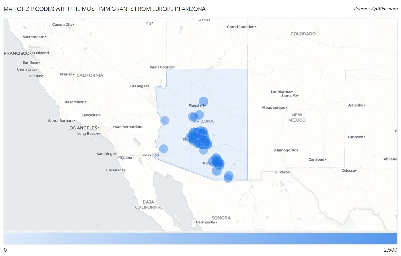 Zip Codes with the Most Immigrants from Europe in Arizona Map