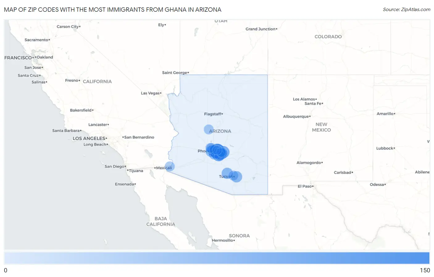 Zip Codes with the Most Immigrants from Ghana in Arizona Map