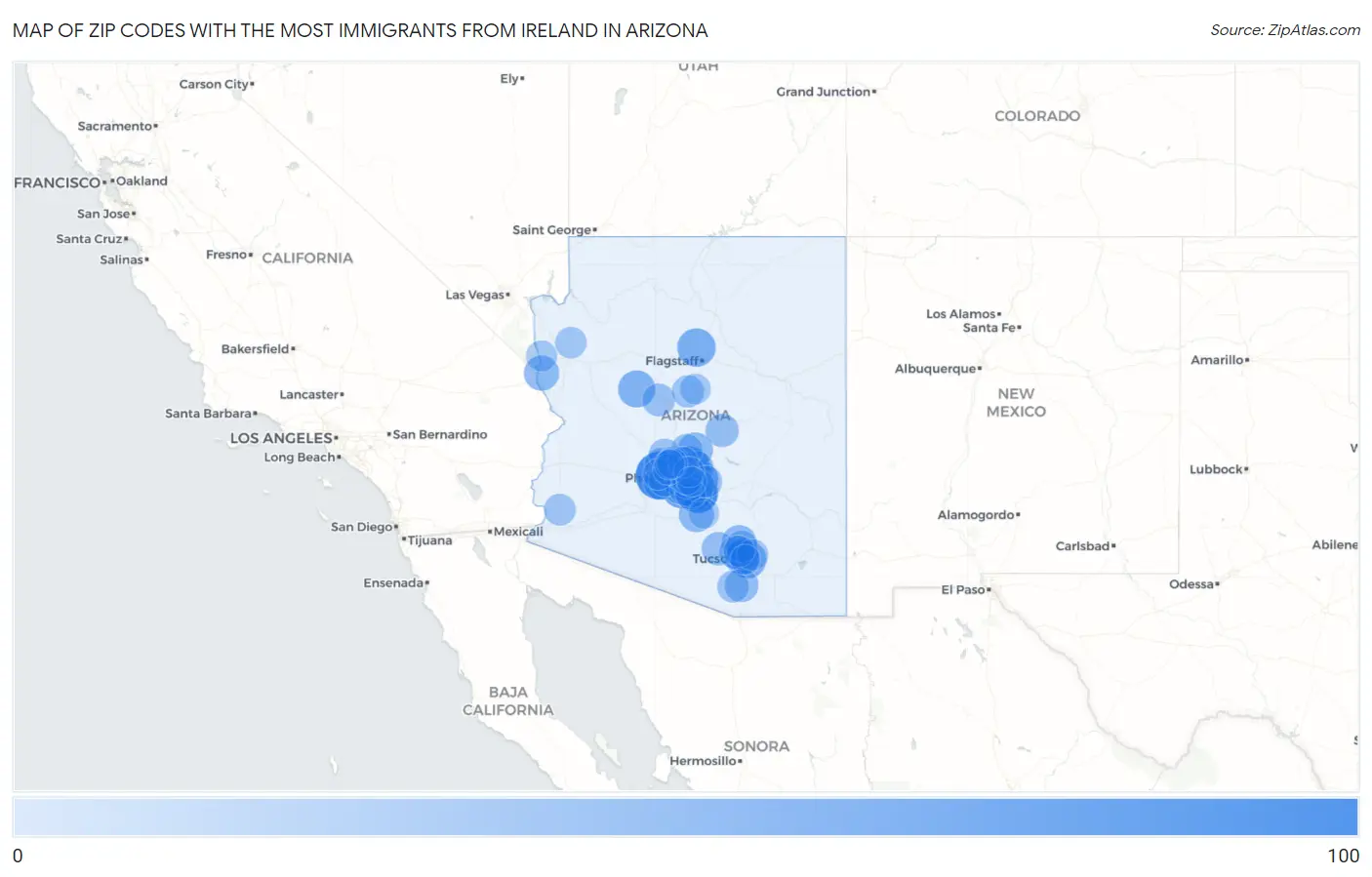 Zip Codes with the Most Immigrants from Ireland in Arizona Map
