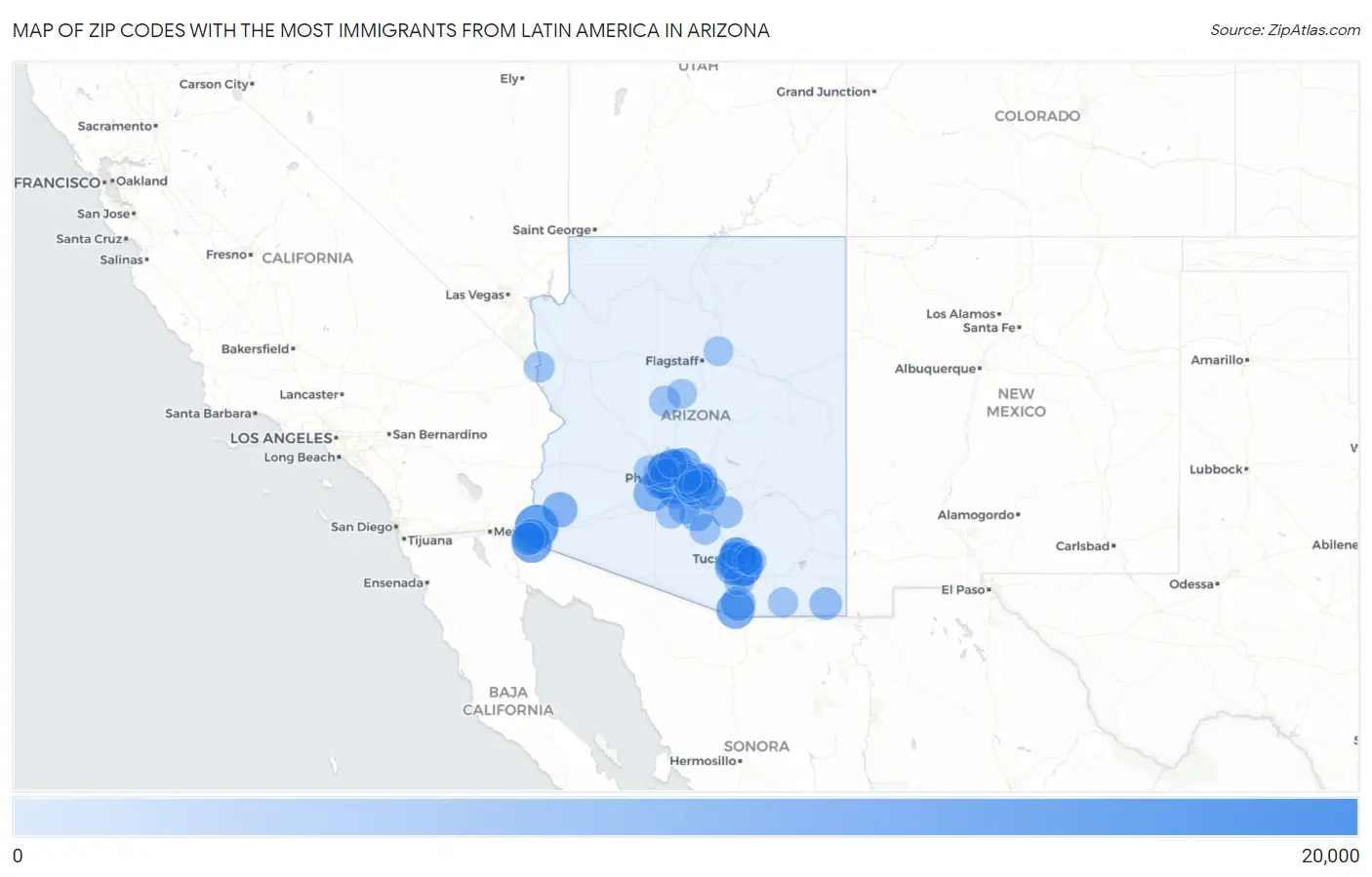 Zip Codes with the Most Immigrants from Latin America in Arizona Map
