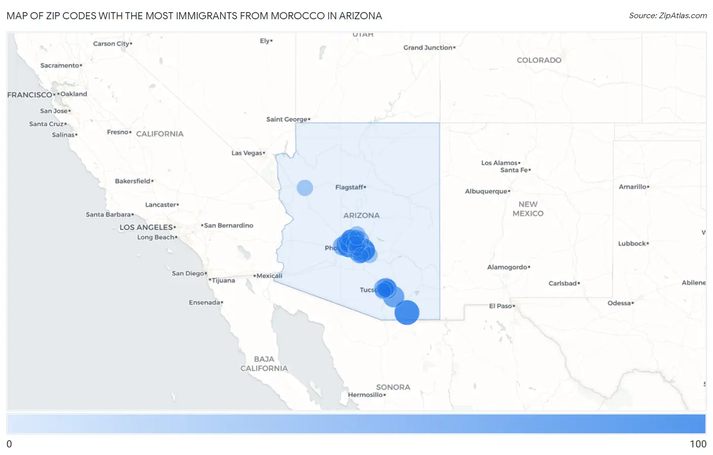 Zip Codes with the Most Immigrants from Morocco in Arizona Map