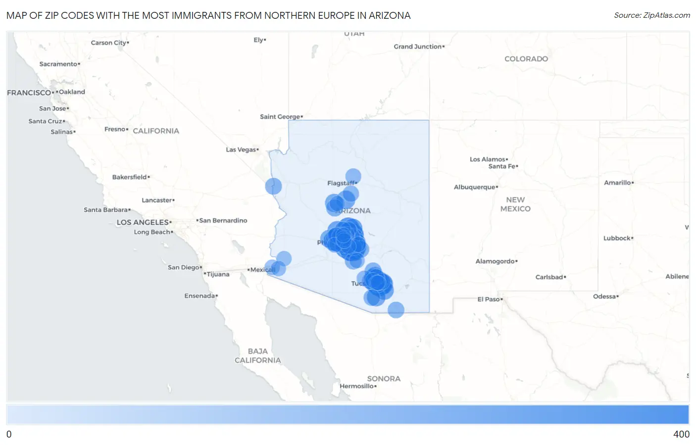 Zip Codes with the Most Immigrants from Northern Europe in Arizona Map