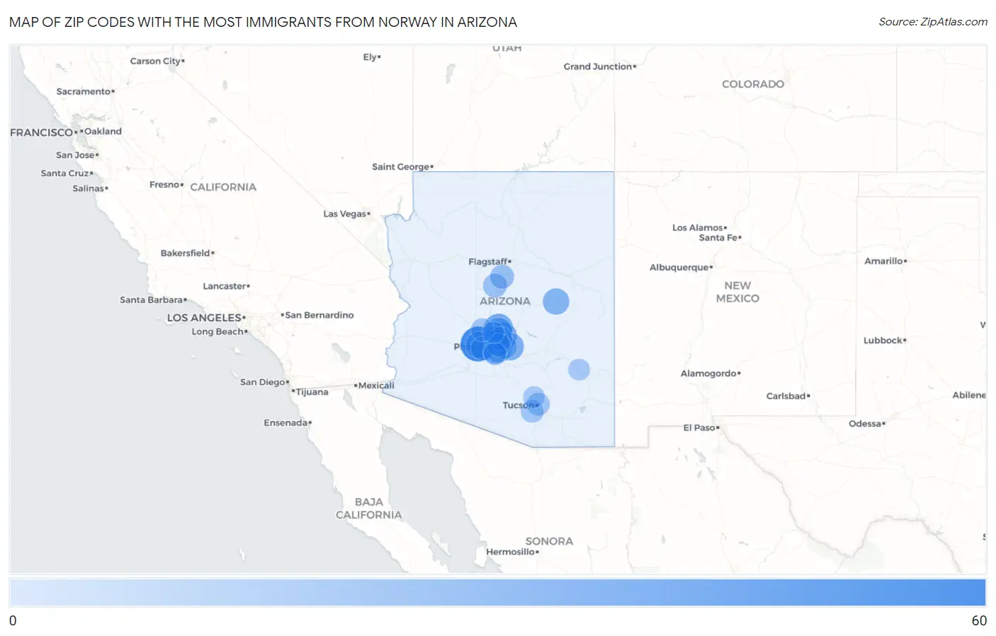 Zip Codes with the Most Immigrants from Norway in Arizona Map