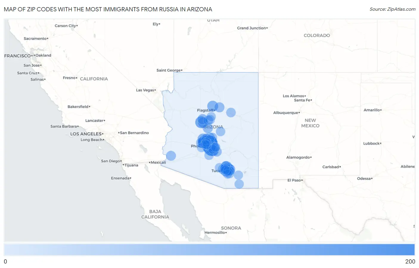 Zip Codes with the Most Immigrants from Russia in Arizona Map