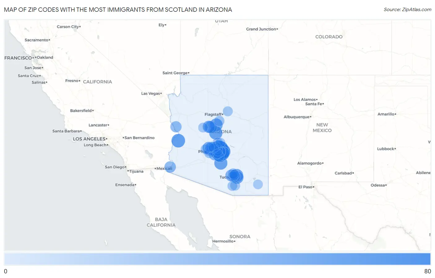 Zip Codes with the Most Immigrants from Scotland in Arizona Map