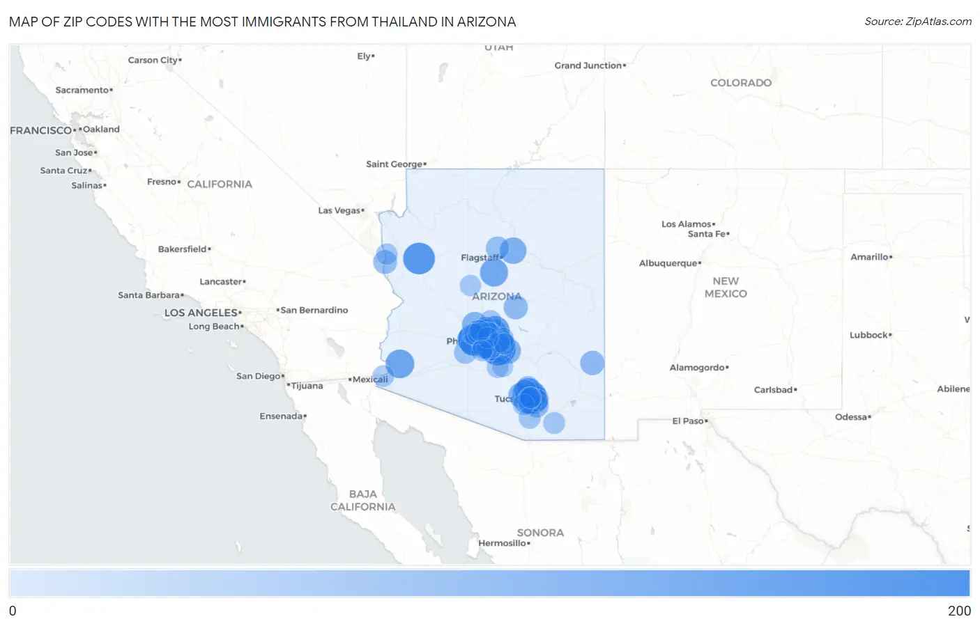 Zip Codes with the Most Immigrants from Thailand in Arizona Map