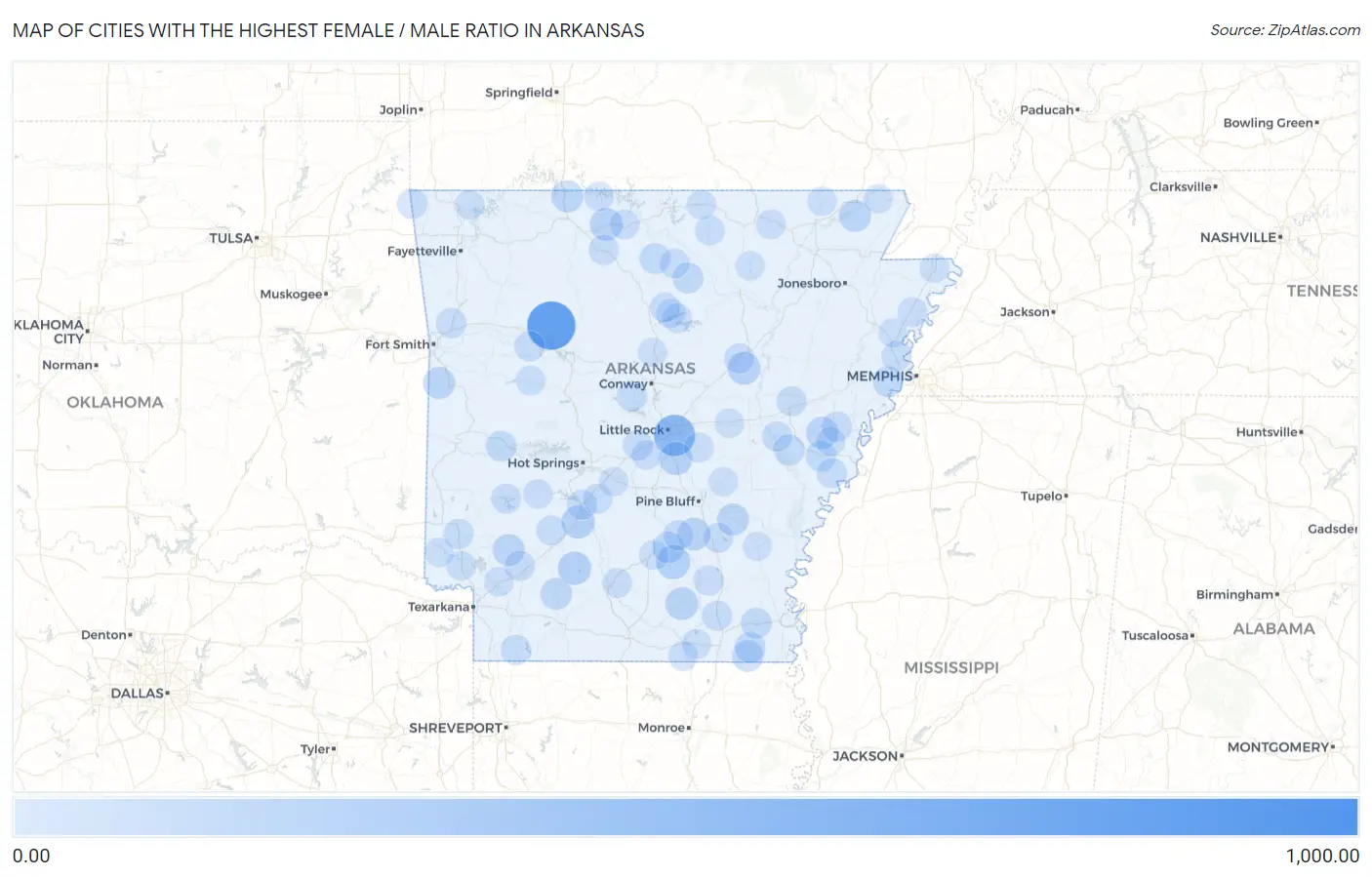 Cities with the Highest Female / Male Ratio in Arkansas Map