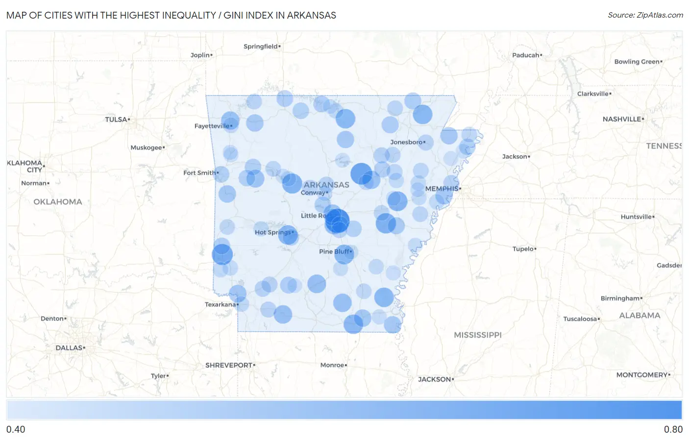 Cities with the Highest Inequality / Gini Index in Arkansas Map
