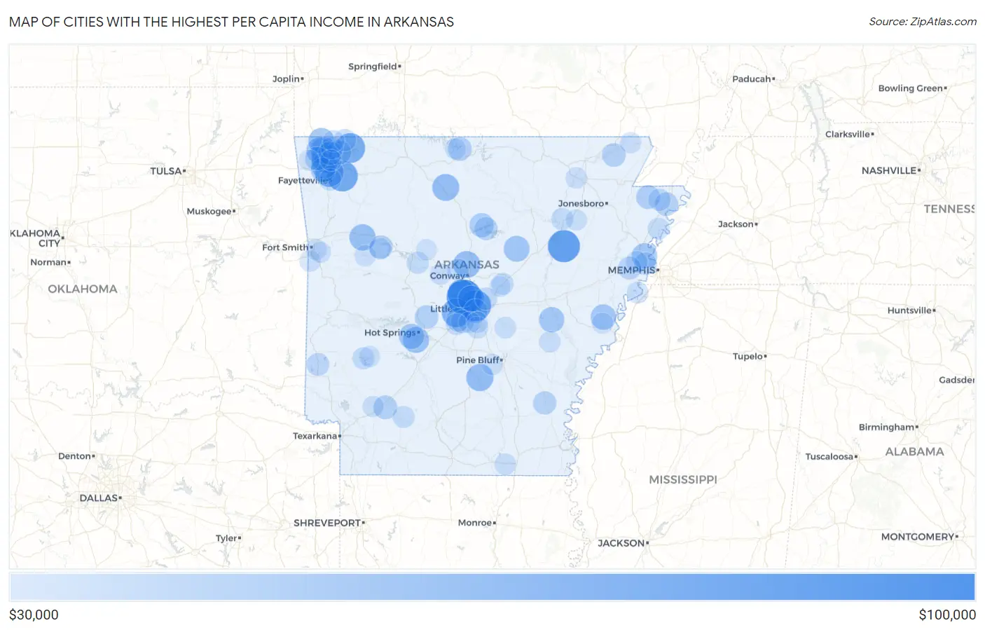 Cities with the Highest Per Capita Income in Arkansas Map