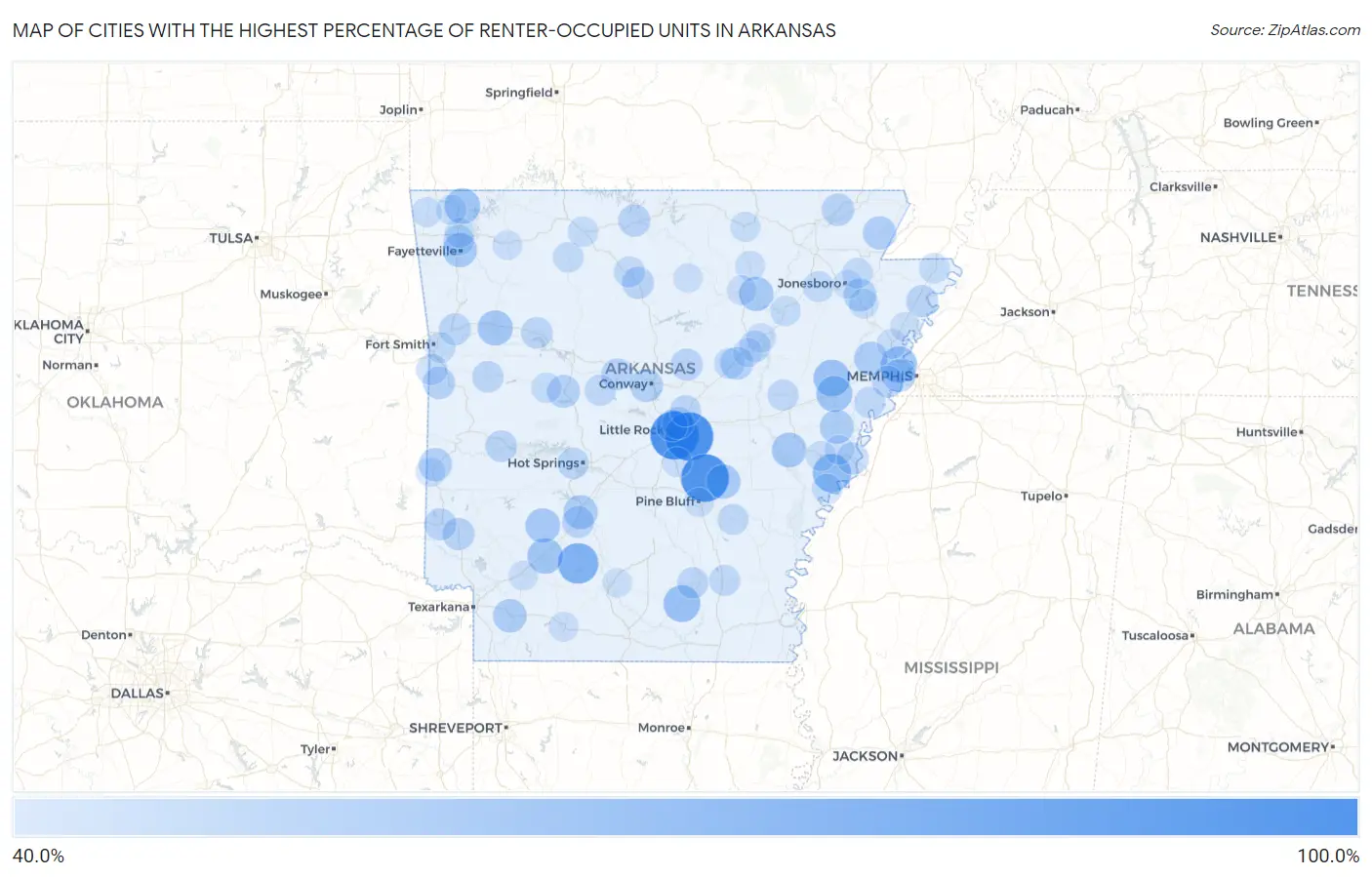 Cities with the Highest Percentage of Renter-Occupied Units in Arkansas Map